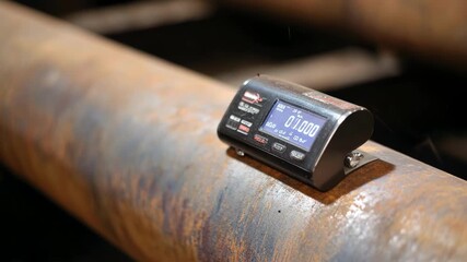 Closeup medium shot of a thickness gauge using ultrasonic technology to assess pipe coating thickness showcasing precise realtime monitoring.