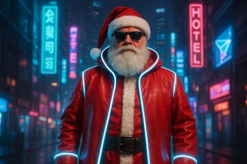 Man in Santa hat with sunglasses in cyberpunk city for Christmas holiday celebration or futuristic party event.