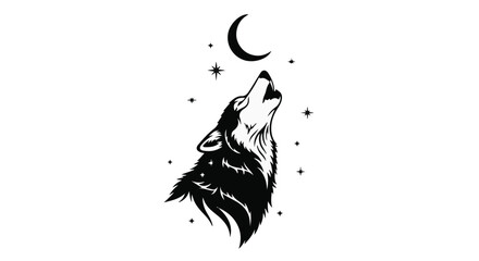 Mystical wolf howls at crescent moon under starry night sky, evoking wildness and wonder.
