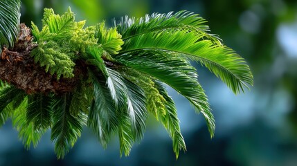 Fototapeta premium Vibrant green palm leaves are arranged diagonally from the top corners in sharp focus against a softly blurred background of layered blues and greens, evoking a sense of natural balance. 