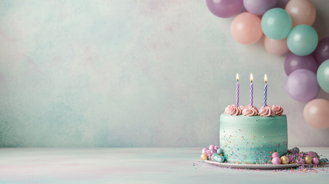 Pastel birthday celebration cake with candles on empty background with balloons for festive party decor or greeting card - Powered by Adobe