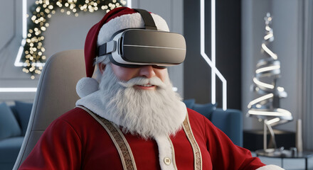 Santa Claus wearing virtual reality headset, experiencing metaverse or video game technology. Christmas fun and holiday entertainment concept.