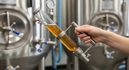 Woman hand holding a sample of golden beer in a glass tube in a brewery production. Quality control and brewing process.