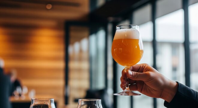 Man holding a glass of craft beer in a brewery or bar, representing a casual drink or tasting experience. copy space
