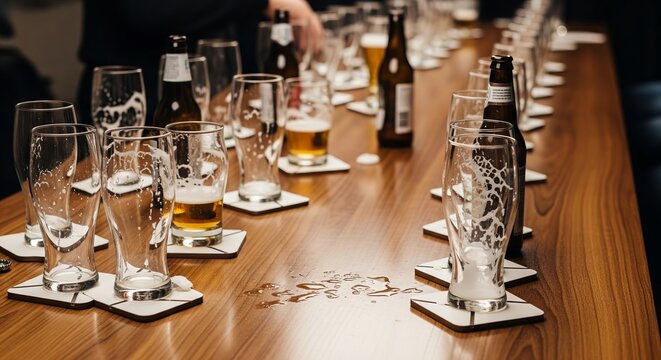 Row of empty beer glasses and bottles on a wooden counter, with foam residue and spilled liquid, representing a finished tasting or party.