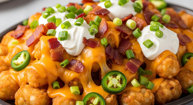 Loaded cheesy tater tots with bacon and jalape&ntilde;os offer a delightful comfort food experience