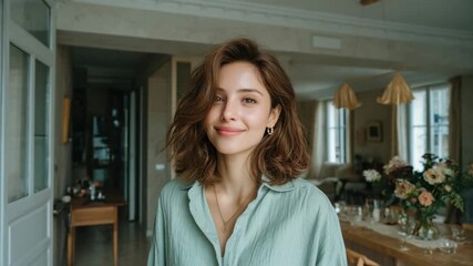 Smiling woman in cozy apartment with natural light enjoying a calm moment in her living space