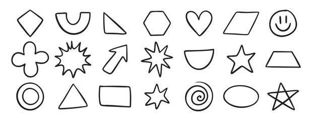 Basic geometric shapes doodle hand drawn icon set. Outline drawing for learning games math flat figure line clipart symbol 