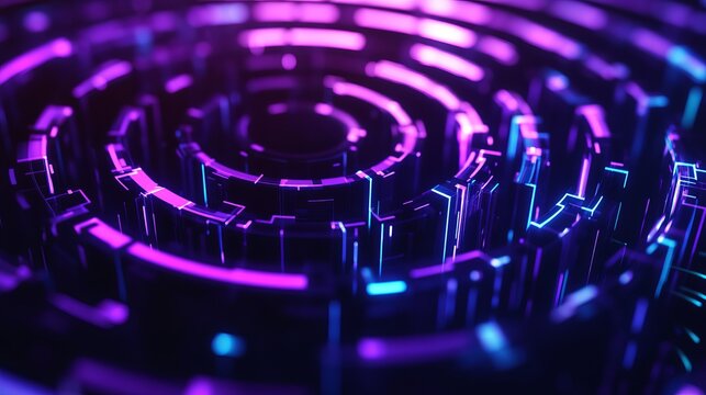 Immersive abstract technology landscape with glowing purple and blue neon circuit pattern pulsing with energy for cutting edge design projects