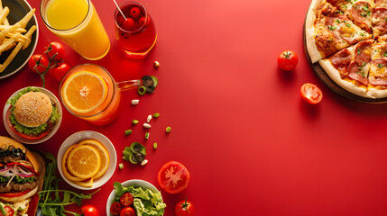 Top-view layout of pizza, burgers, fries, and beverages on a bold red background. Restaurant banners, product ads, website headers.