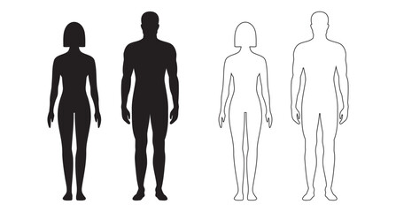 human body man and woman silhouette, male and female figure. vector monochrome isolated person outline standing full height. Outline and black people anatomy representation