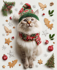 Adorable fluffy cat wearing festive Christmas knitted hat and scarf with holiday decorations on white background