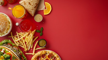 Fast-food flat lay with burgers, fries, sauces, and pizza on a bright red background. Food delivery ads, restaurant marketing, posters.