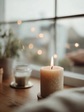 Warm candlelight glows on a cozy table with blurred city lights in the background on a calm evening