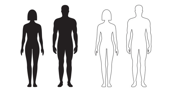 human body man and woman silhouette, male and female figure. vector monochrome isolated person outline standing full height. Outline and black people anatomy representation