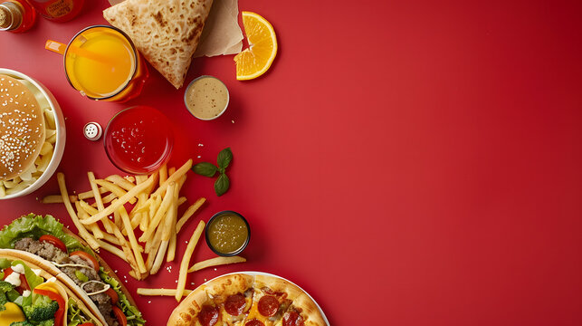 Fast-food flat lay with burgers, fries, sauces, and pizza on a bright red background. Food delivery ads, restaurant marketing, posters.