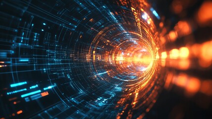 Dive into the vibrant future with this stunning network tunnel, perfect for technology, data, and innovation visuals for websites and presentations