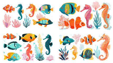 Naklejka premium A lively illustration set of tropical fish seahorses coral and underwater plants in bright ocean colors perfect for marine themes children designs and playful aquatic artwork.