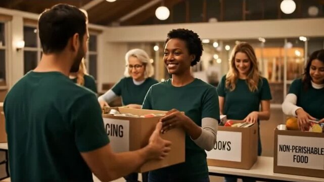 Group of diverse people sorting donations into labeled cardboard boxes. It represents community, support, assistance, generosity, and collaborative aid