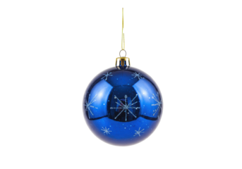 A vibrant deep blue glossy Christmas bauble with subtle star patterns and a golden cap, suspended on a thin golden thread against a transparent background with copy space, modern holiday decoration