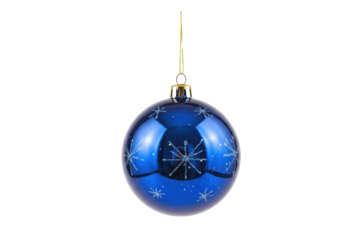 A vibrant deep blue glossy Christmas bauble with subtle star patterns and a golden cap, suspended on a thin golden thread against a transparent background with copy space, modern holiday decoration