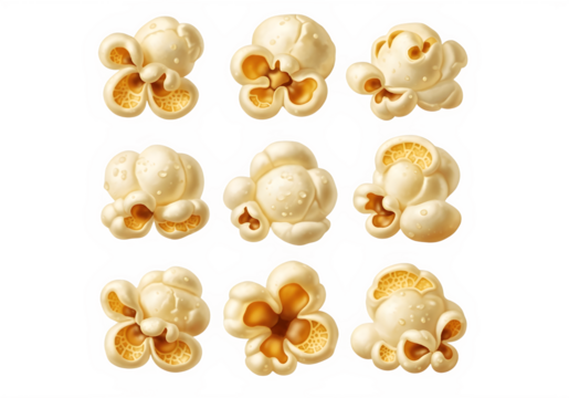 Collection of Fluffy Popcorn Kernels Classic Cinema Snack Food Isolated on Transparent Background PNG