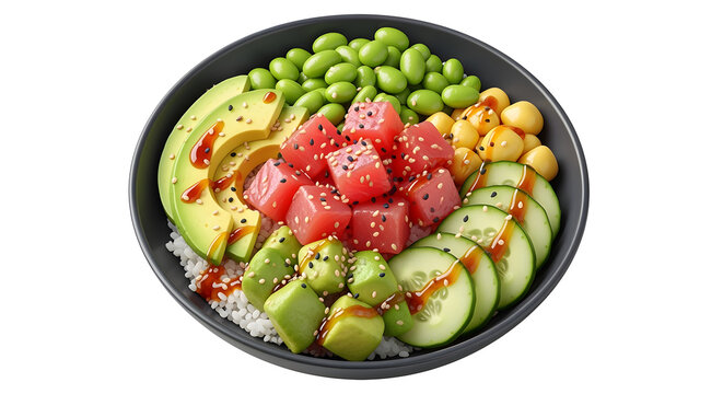 Enjoy a vibrant and healthy tuna poke bowl with avocado, edamame, and cucumber slices - Powered by Adobe