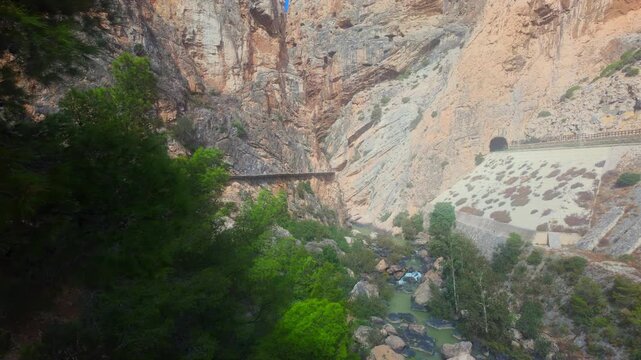 El Caminito del Rey is a route between the steep walls of the gorge in El Chorro, near Ardales in the Carolinas of Malaga, Spain.