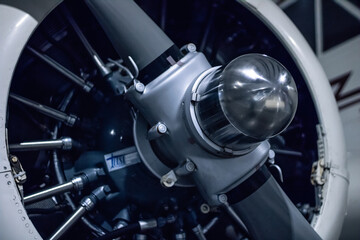 Close-Up of Aircraft Propeller Hub and Radial Engine Components