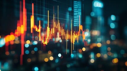 Dynamic financial chart overlaying a vibrant cityscape at night illustrating market trends and investment opportunities in a modern urban environment