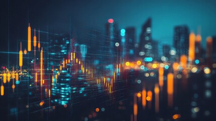 Dynamic financial chart overlaying stunning cityscape at night, symbolizing growth and opportunity in the modern business world with vibrant colors