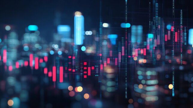 Dynamic stock market data overlaying vibrant city skyline at night, ideal for finance, technology and investment concepts, modern and cutting-edge visuals - Powered by Adobe