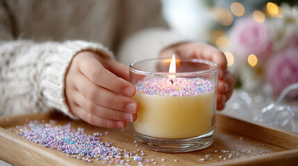 Child's hands crafting colorful holiday candle in glass on wooden tray with bright table setting