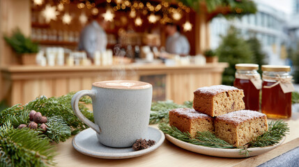Steaming mug of hot chocolate with holiday baked goods and pine branch accents at outdoor fair stand