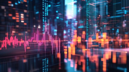 Stunning digital cityscape with vibrant data streams, ideal for tech innovation, futuristic concepts, and dynamic business presentations backgrounds