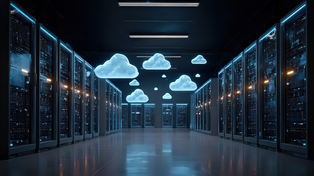 Data Center Interior with Pixelated Clouds and Blue Illumination