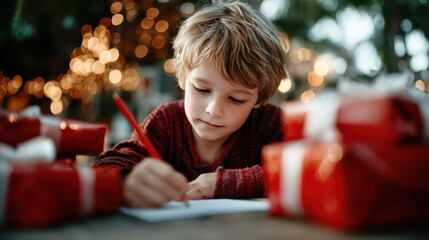 Young child at low table writing wish list with red pencil surrounded by wrapped gifts during holiday season