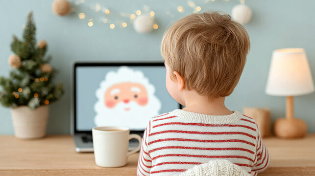 Child in striped sweater video calling santa claus at modern desk with warm holiday decor and small christmas tree