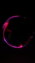 Vertical neon orb with glowing pink and red gradient light forming smooth fluid curves on a dark background. Portrait abstract futuristic sphere.