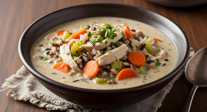 Enjoy warm creamy chicken wild rice soup with carrots and celery for comfort food - Powered by Adobe