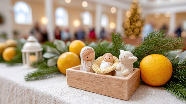 Close view of nativity figurines with citrus and greenery on table in bright parish hall with christmas decorations.
