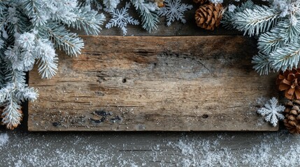 Abstract wooden background with snow-covered pine branches and pinecones for winter and holiday themes