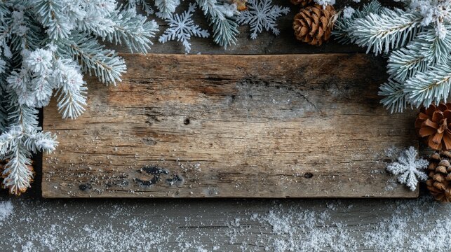 Abstract wooden background with snow-covered pine branches and pinecones for winter and holiday themes