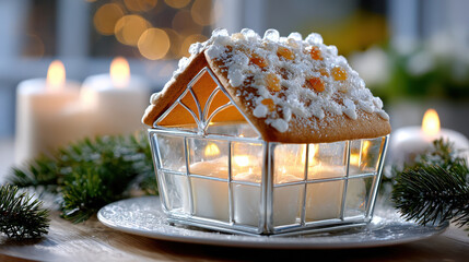 Illuminated gingerbread house with icing and candles on wooden kitchen table surrounded by pine branches