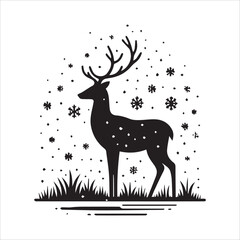 Black and White Reindeer Silhouette in Snowy Winter Landscape