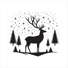 Black and White Reindeer Silhouette in Snowy Winter Landscape