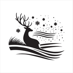 Black and White Reindeer Silhouette in Snowy Winter Landscape