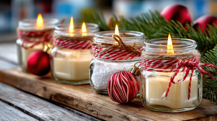 Homemade winter candle jars with lit wicks and festive red ornaments on rustic wooden surface