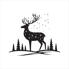 Black and White Reindeer Silhouette in Snowy Winter Landscape