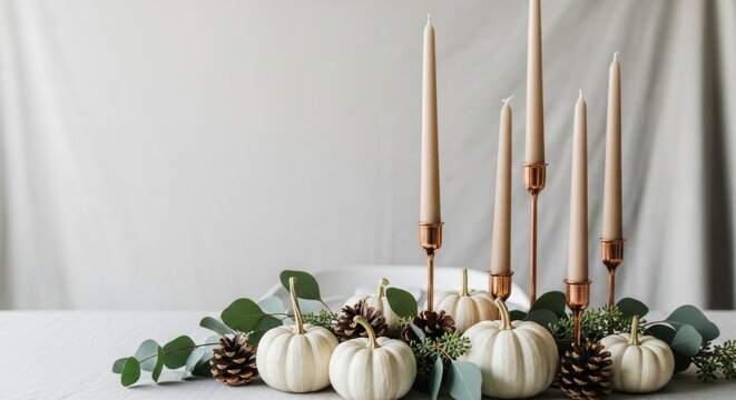 Elegant autumn table decoration featuring white pumpkins, pine cones, green eucalyptus leaves, and tall beige candles in copper holders on a light tablecloth background.